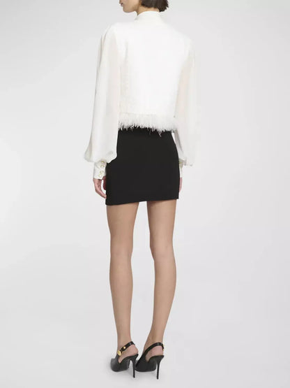 Feather Fringed Tweed Jacket with Blouse-Sleeves and Neck Tie - Jackets