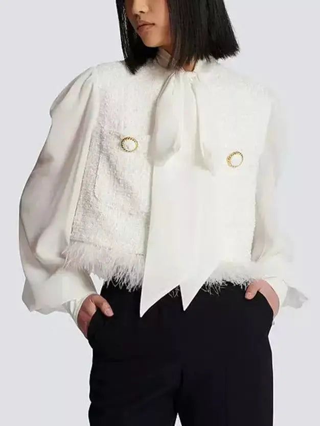 Feather Fringed Tweed Jacket with Blouse-Sleeves and Neck Tie - Jackets