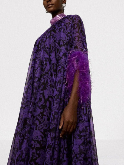 Feather-Trim Cape-Sleeve Dress with Sequin Mock-Neck - Dresses