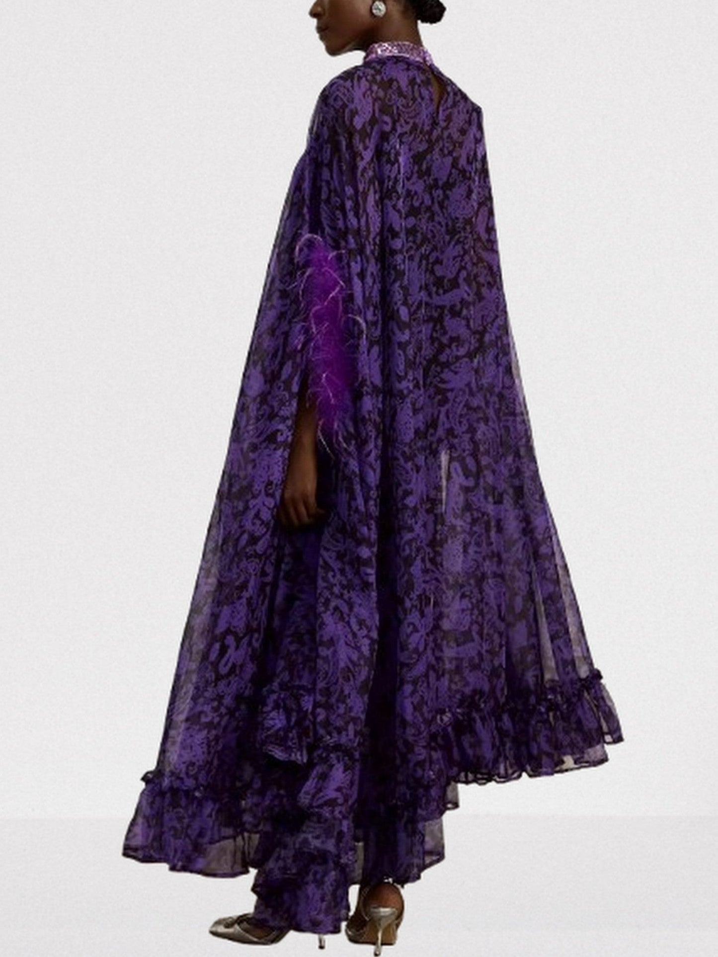 Feather-Trim Cape-Sleeve Dress with Sequin Mock-Neck - Dresses