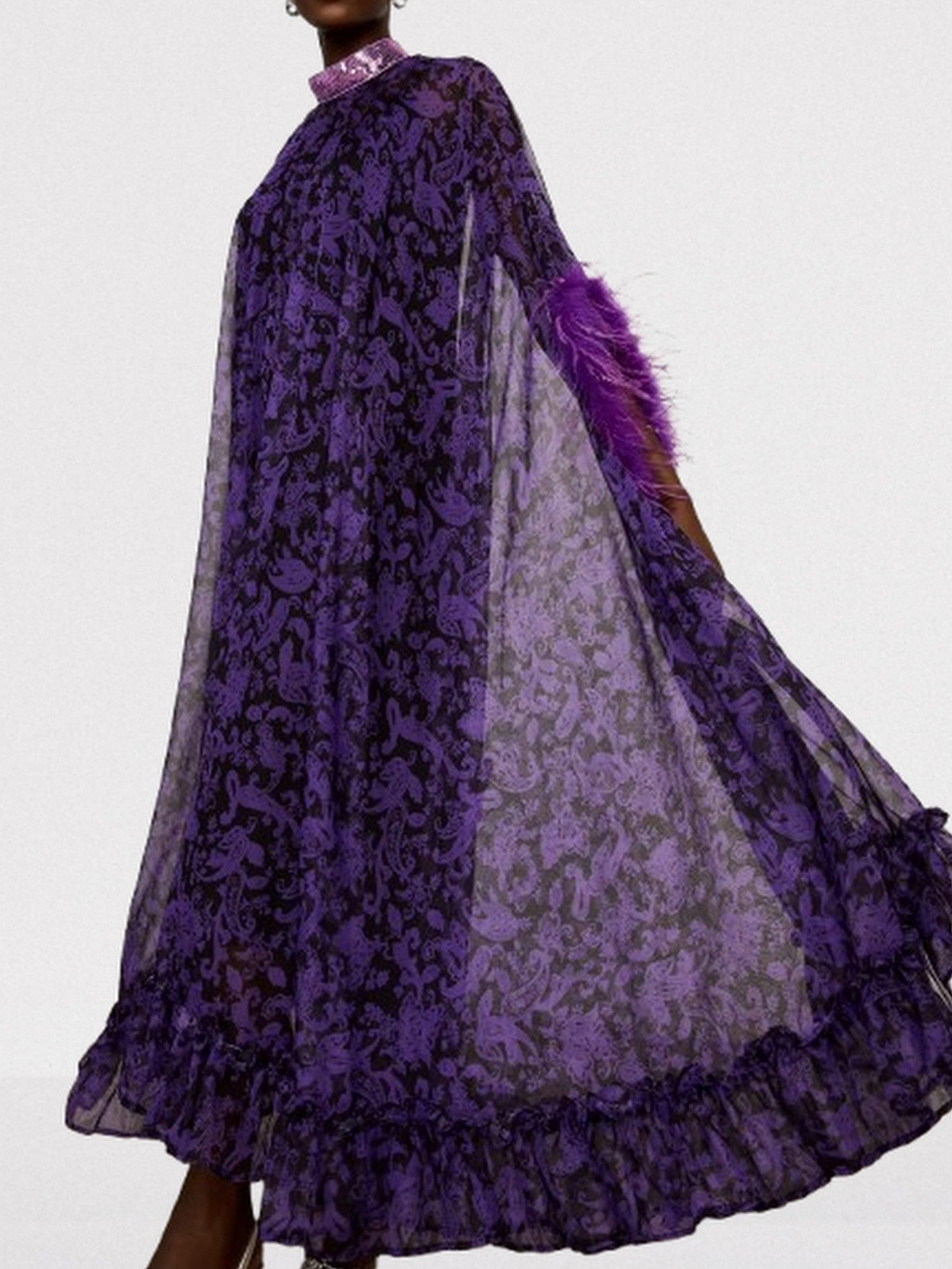 Feather-Trim Cape-Sleeve Dress with Sequin Mock-Neck - Dresses