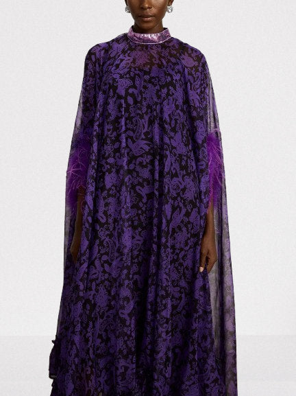 Feather-Trim Cape-Sleeve Dress with Sequin Mock-Neck - Dresses