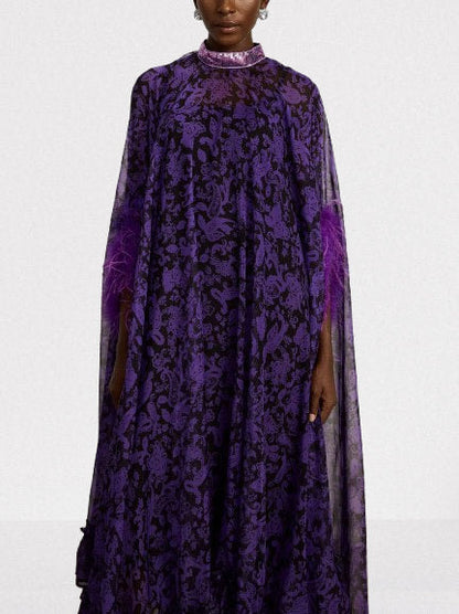 Feather-Trim Cape-Sleeve Dress with Sequin Mock-Neck - Dresses