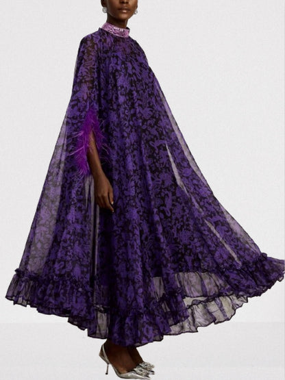Feather-Trim Cape-Sleeve Dress with Sequin Mock-Neck - Dresses