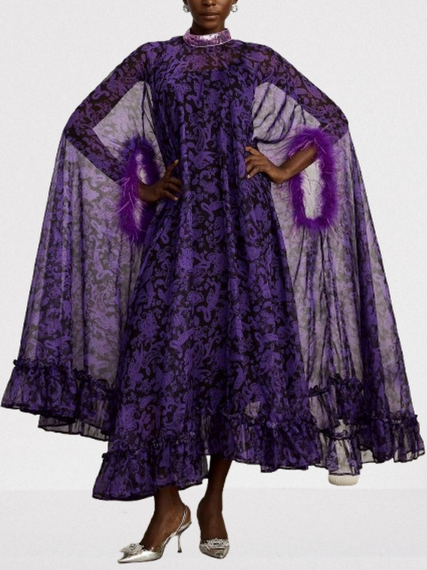 Feather-Trim Cape-Sleeve Dress with Sequin Mock-Neck - Dresses