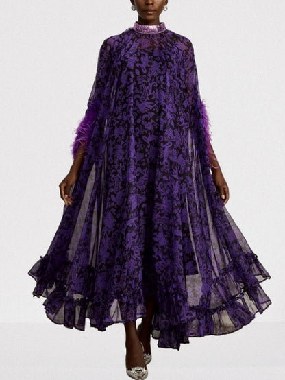 Feather-Trim Cape-Sleeve Dress with Sequin Mock-Neck - Dresses