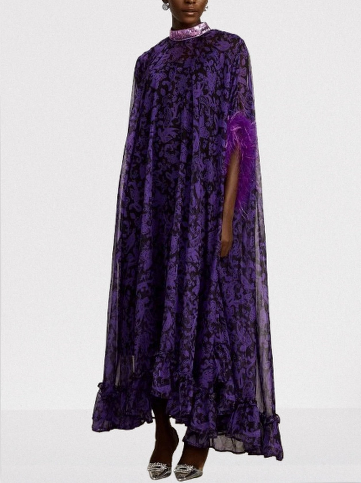 Feather-Trim Cape-Sleeve Dress with Sequin Mock-Neck - Dresses
