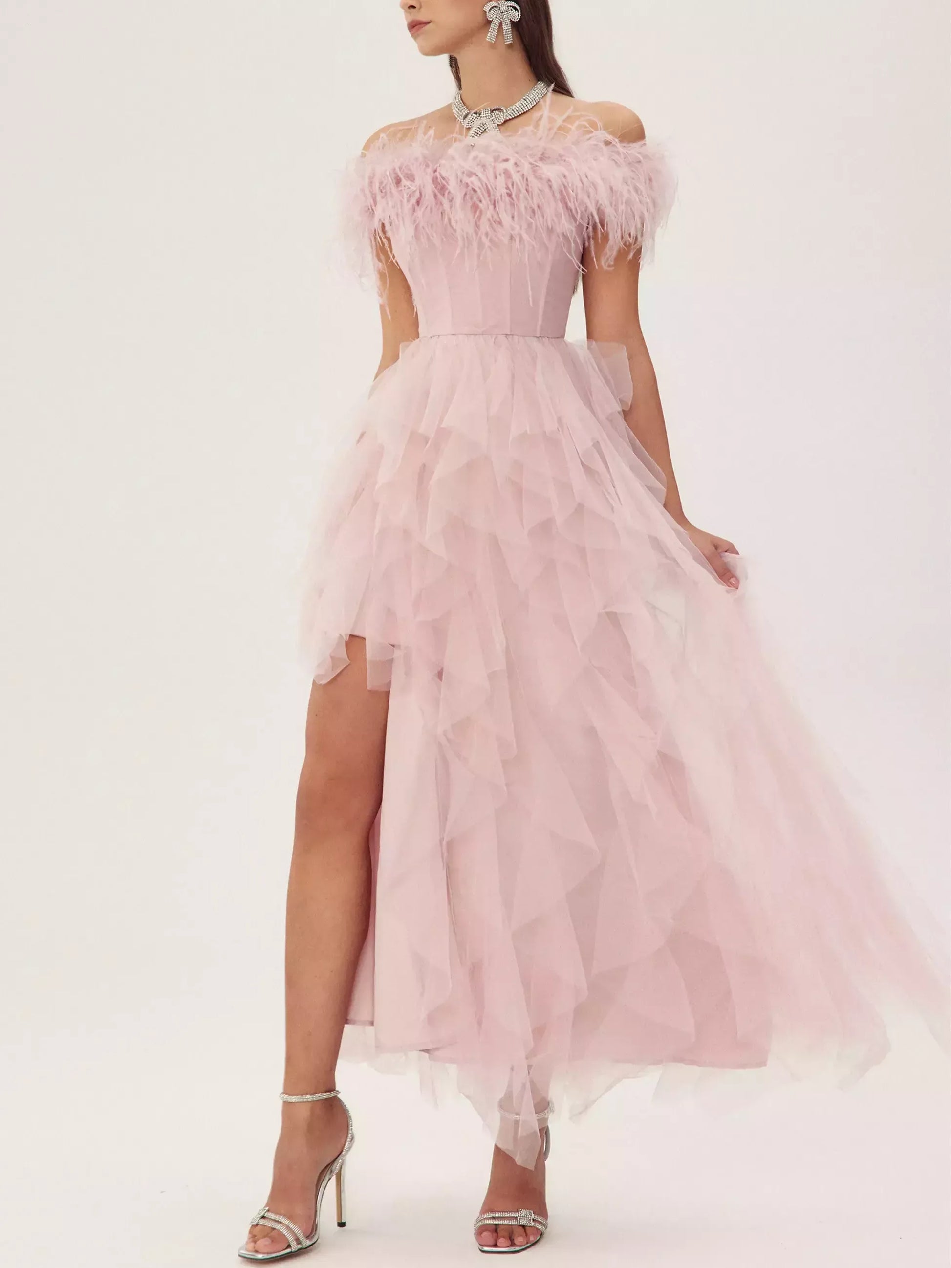 Feather-Trim Corset Off-Shoulder Tulle Dress - Dresses