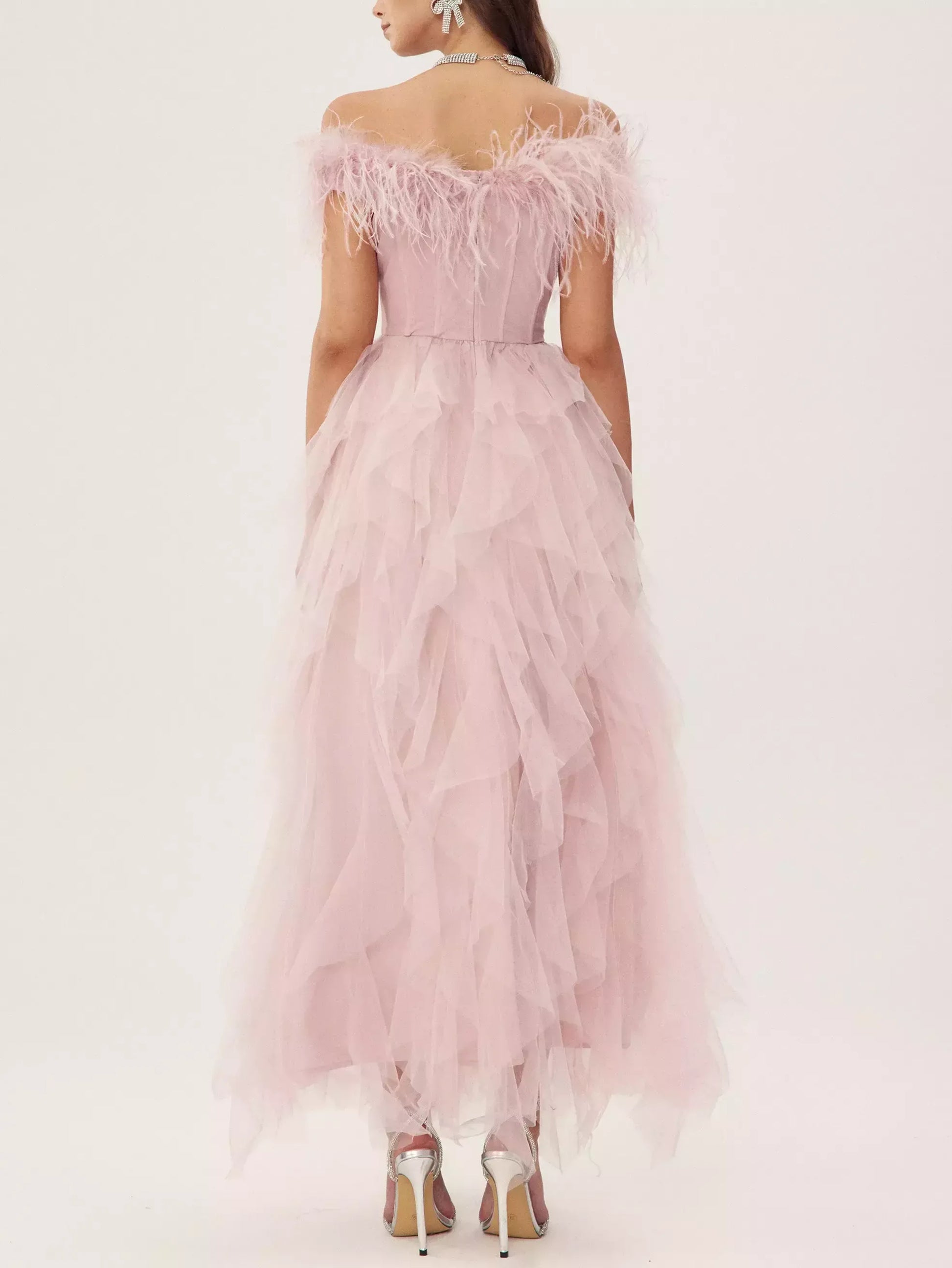 Feather-Trim Corset Off-Shoulder Tulle Dress - Dresses