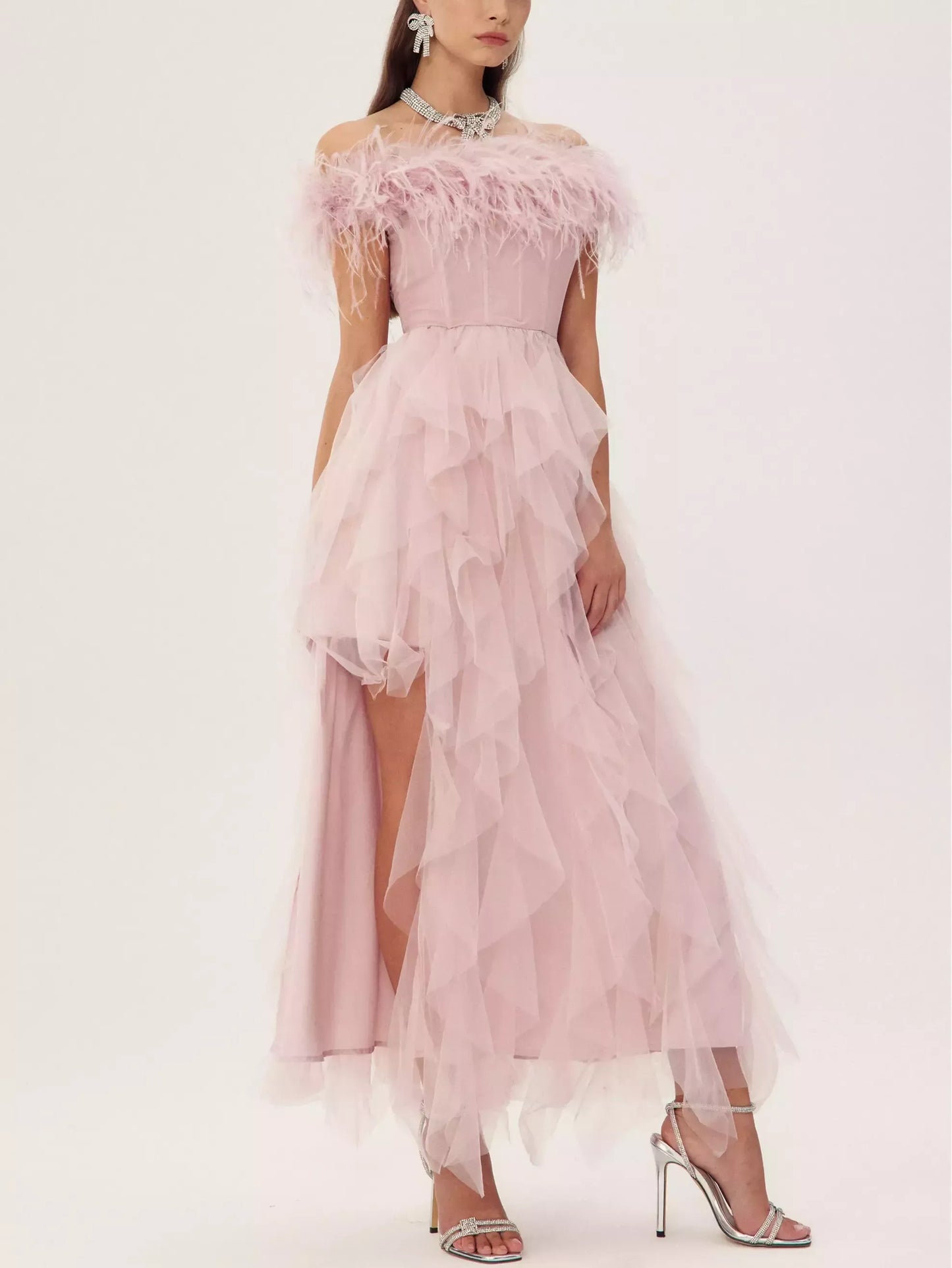 Feather-Trim Corset Off-Shoulder Tulle Dress - Dresses