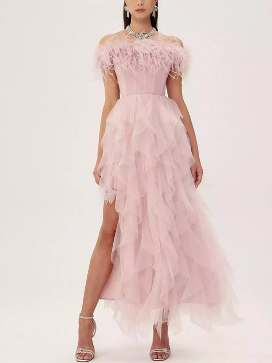 Feather-Trim Corset Off-Shoulder Tulle Dress - Dresses