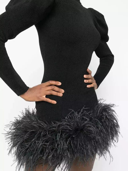 Feather-Trim Puff-Sleeve Rib Knit Mini Dress - Dresses