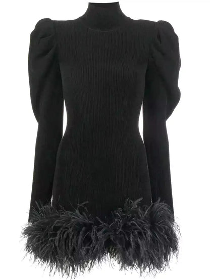 Feather-Trim Puff-Sleeve Rib Knit Mini Dress - Dresses