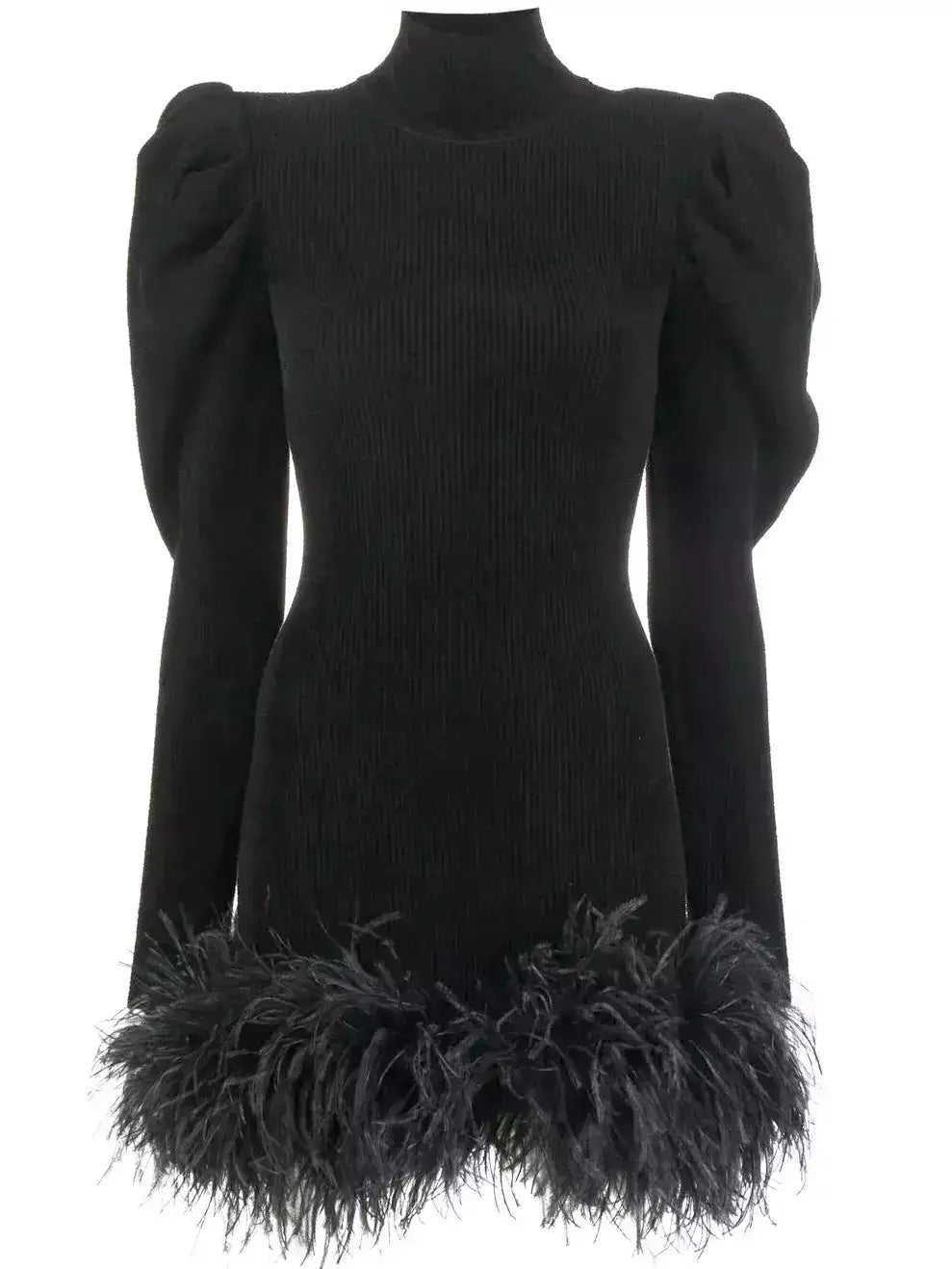 Feather-Trim Puff-Sleeve Rib Knit Mini Dress - Dresses