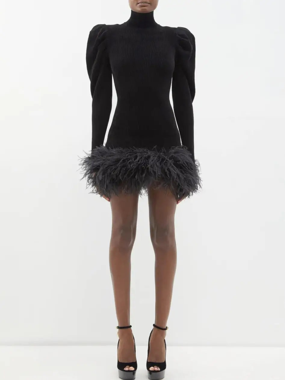 Feather-Trim Puff-Sleeve Rib Knit Mini Dress - S - Dresses