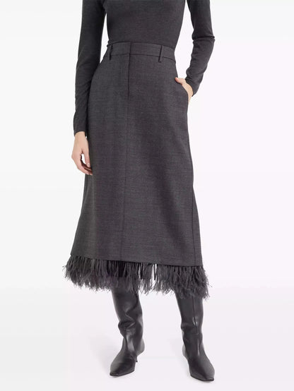 Feather-Trim Wool Pencil Midi Skirt - Skirts