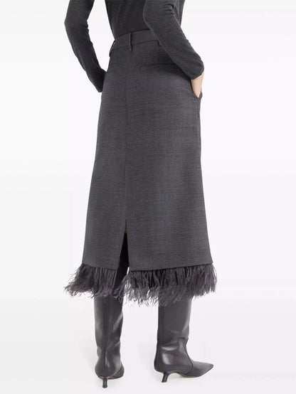 Feather-Trim Wool Pencil Midi Skirt - Skirts