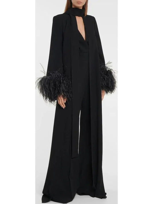 Feather-Trimmed Crêpe Black Jumpsuit - small - Suits & Sets