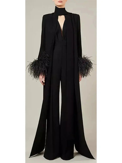 Feather-Trimmed Crêpe Black Jumpsuit - Suits & Sets