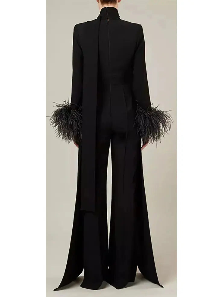 Feather-Trimmed Crêpe Black Jumpsuit - Suits & Sets