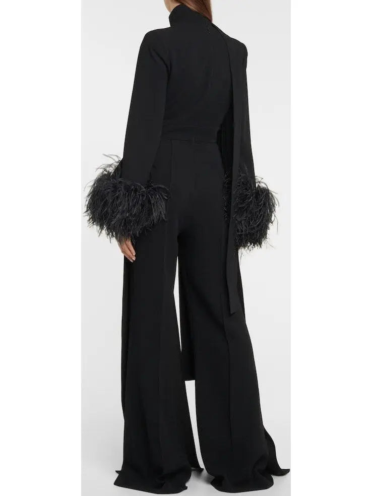 Feather-Trimmed Crêpe Black Jumpsuit - Suits & Sets