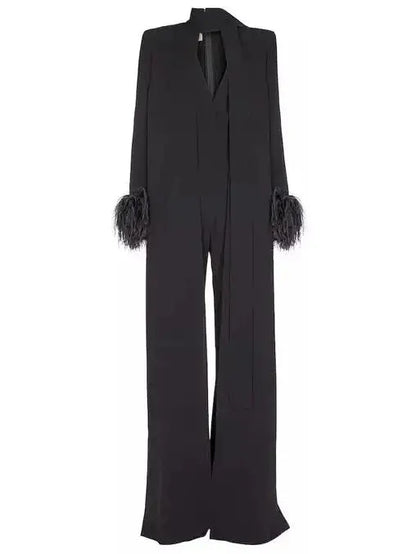 Feather-Trimmed Crêpe Black Jumpsuit - Suits & Sets