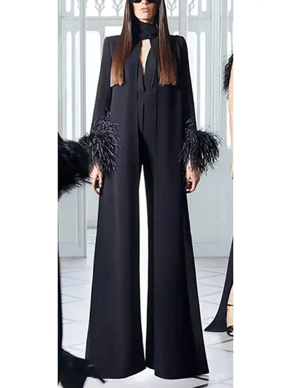 Feather-Trimmed Crêpe Black Jumpsuit - Suits & Sets