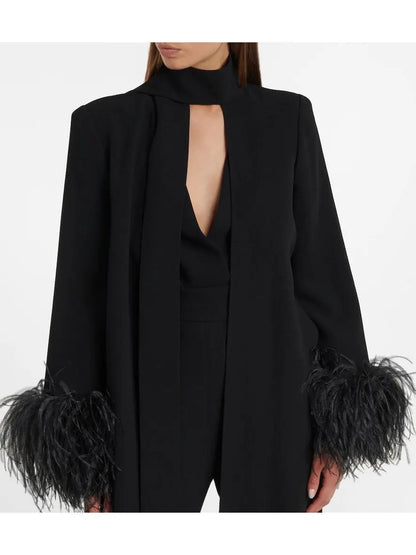 Feather-Trimmed Crêpe Black Jumpsuit - Suits & Sets