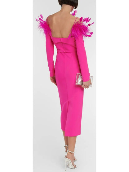 Feather-Trimmed Midi Dress Pink - Dresses