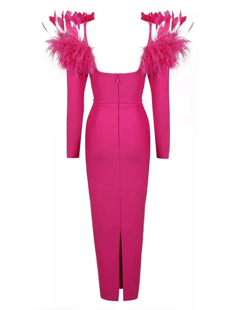 Feather-Trimmed Midi Dress Pink - Dresses