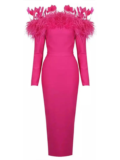 Feather-Trimmed Midi Dress Pink - Dresses