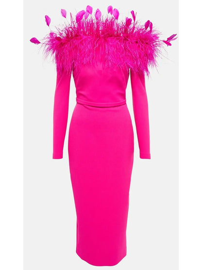 Feather-Trimmed Midi Dress Pink - Dresses