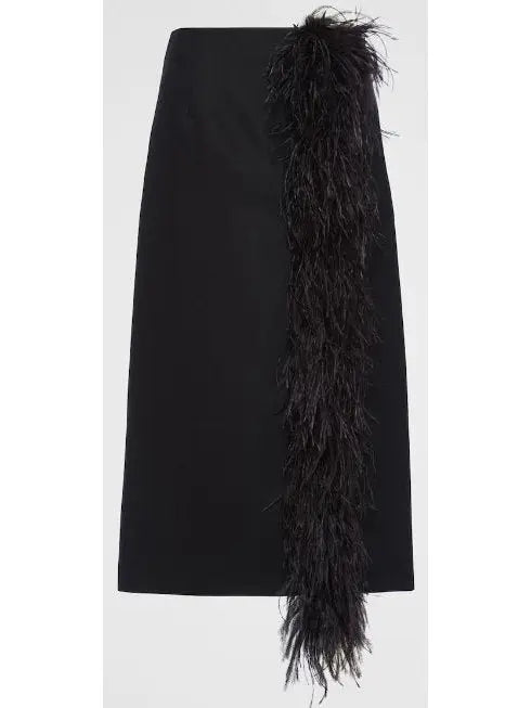 Feather-Trimmed Midi Skirt Black - Skirts