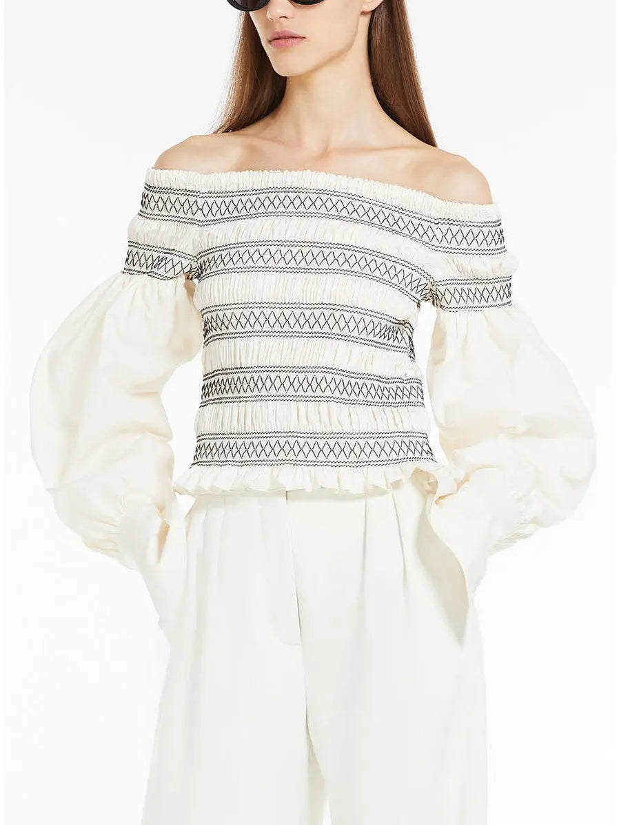 Feminine Off-Shoulder Smocked Blouse in Cotton - Tops