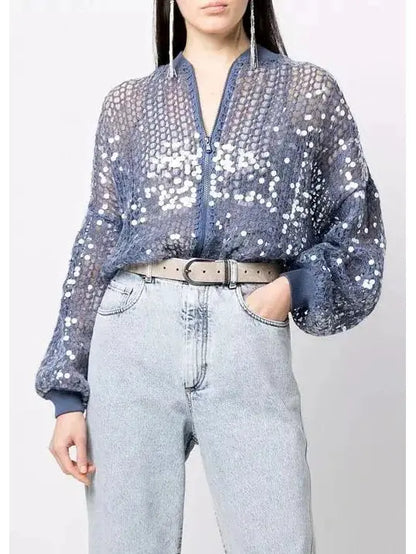 Fishnet Sequin Zip-Up Cardigan in Blue - Sweaters & Knitwear