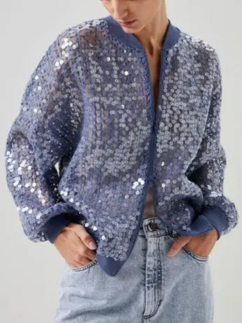 Fishnet Sequin Zip-Up Cardigan in Blue - Sweaters & Knitwear