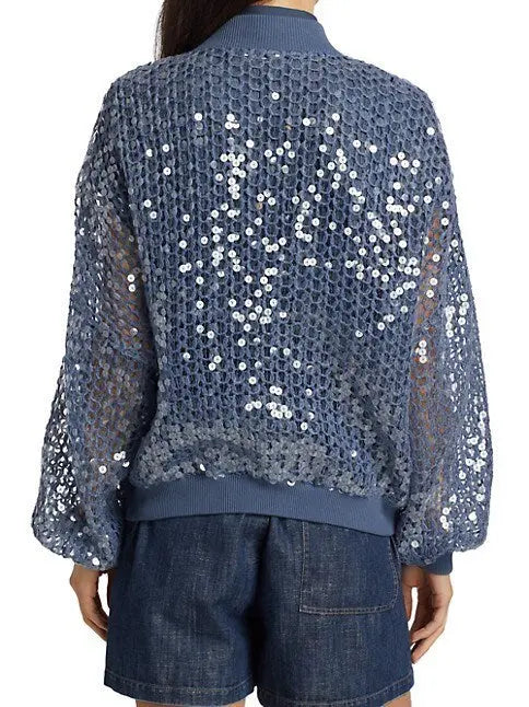 Fishnet Sequin Zip-Up Cardigan in Blue - Sweaters & Knitwear