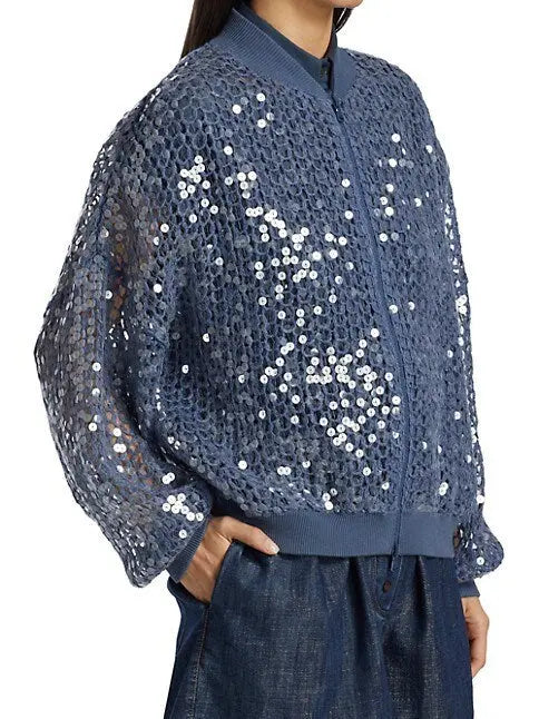 Fishnet Sequin Zip-Up Cardigan in Blue - Sweaters & Knitwear