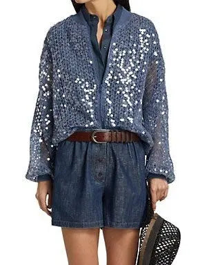 Fishnet Sequin Zip-Up Cardigan in Blue - Sweaters & Knitwear