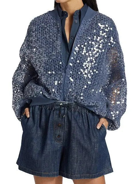 Fishnet Sequin Zip-Up Cardigan in Blue - Sweaters & Knitwear