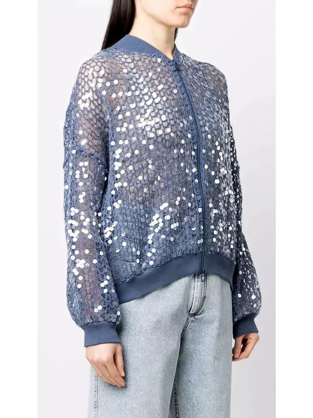 Fishnet Sequin Zip-Up Cardigan in Blue - Sweaters & Knitwear