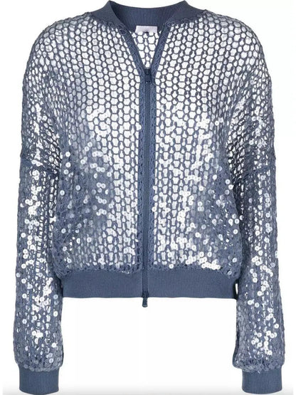 Fishnet Sequin Zip-Up Cardigan in Blue - Sweaters & Knitwear