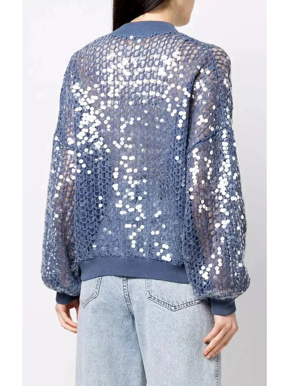 Fishnet Sequin Zip-Up Cardigan in Blue - Sweaters & Knitwear