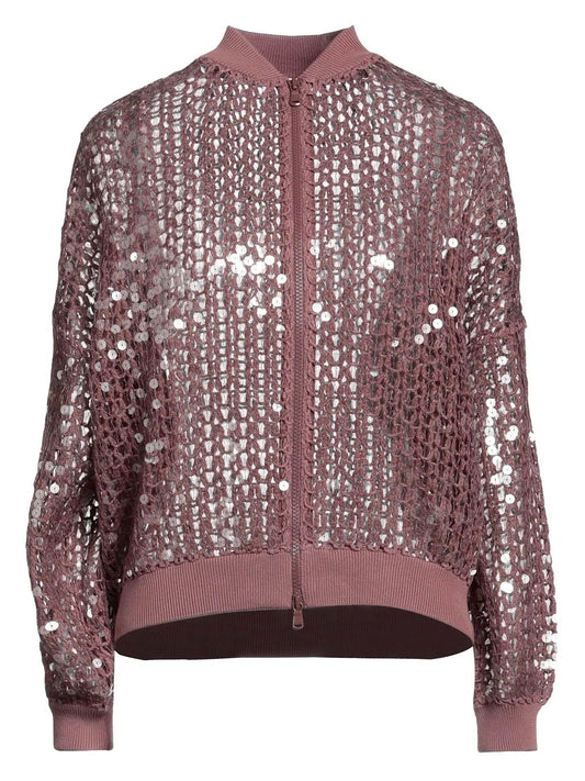 Fishnet Sequin Zip-Up Cardigan - Sweaters & Knitwear