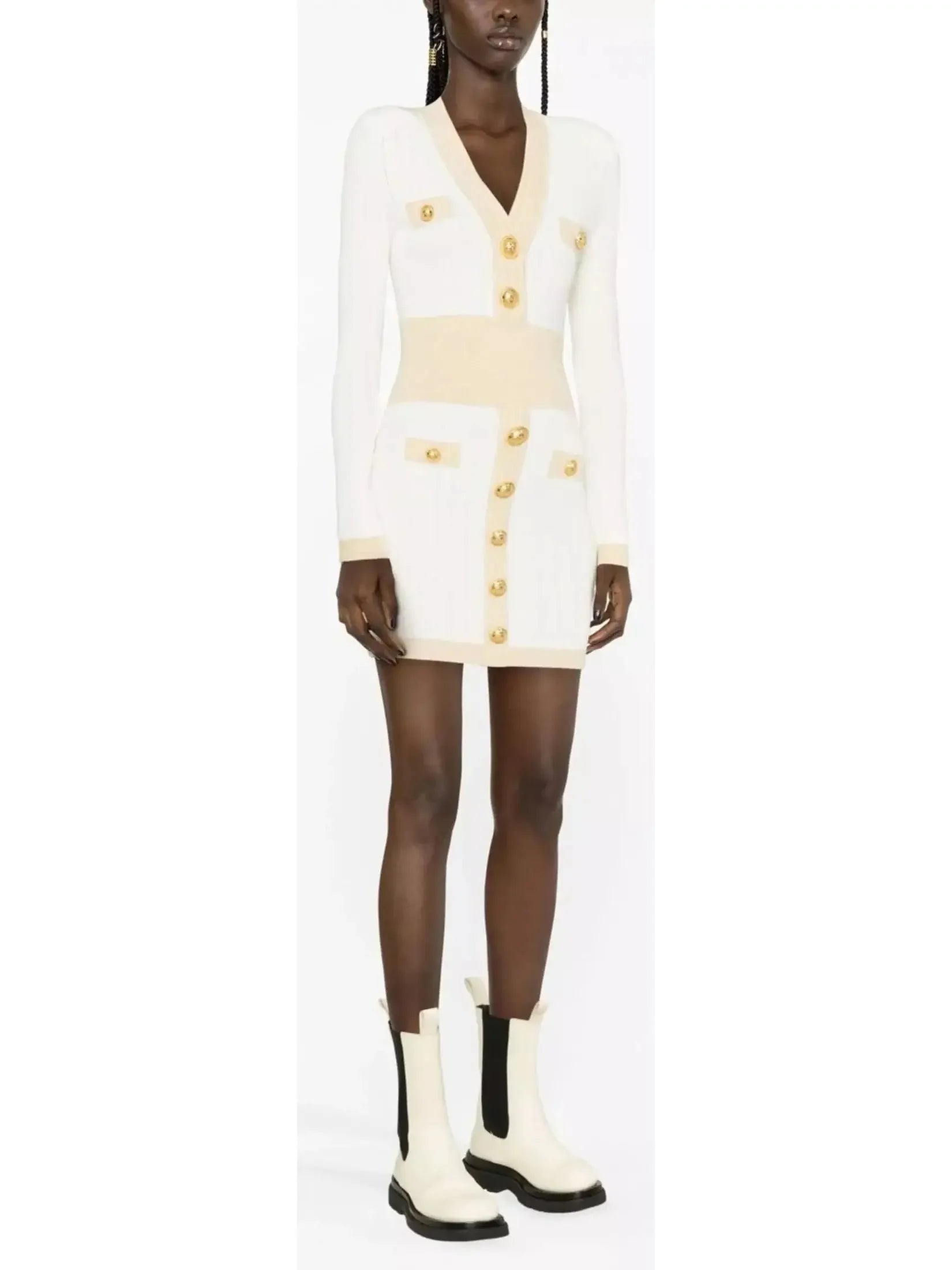 Fitted White Knit V-Neck Embossed-Button Mini Dress