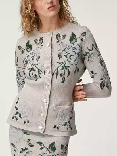 Fitted Floral Printed Cardigan Sweater - Sweaters & Knitwear