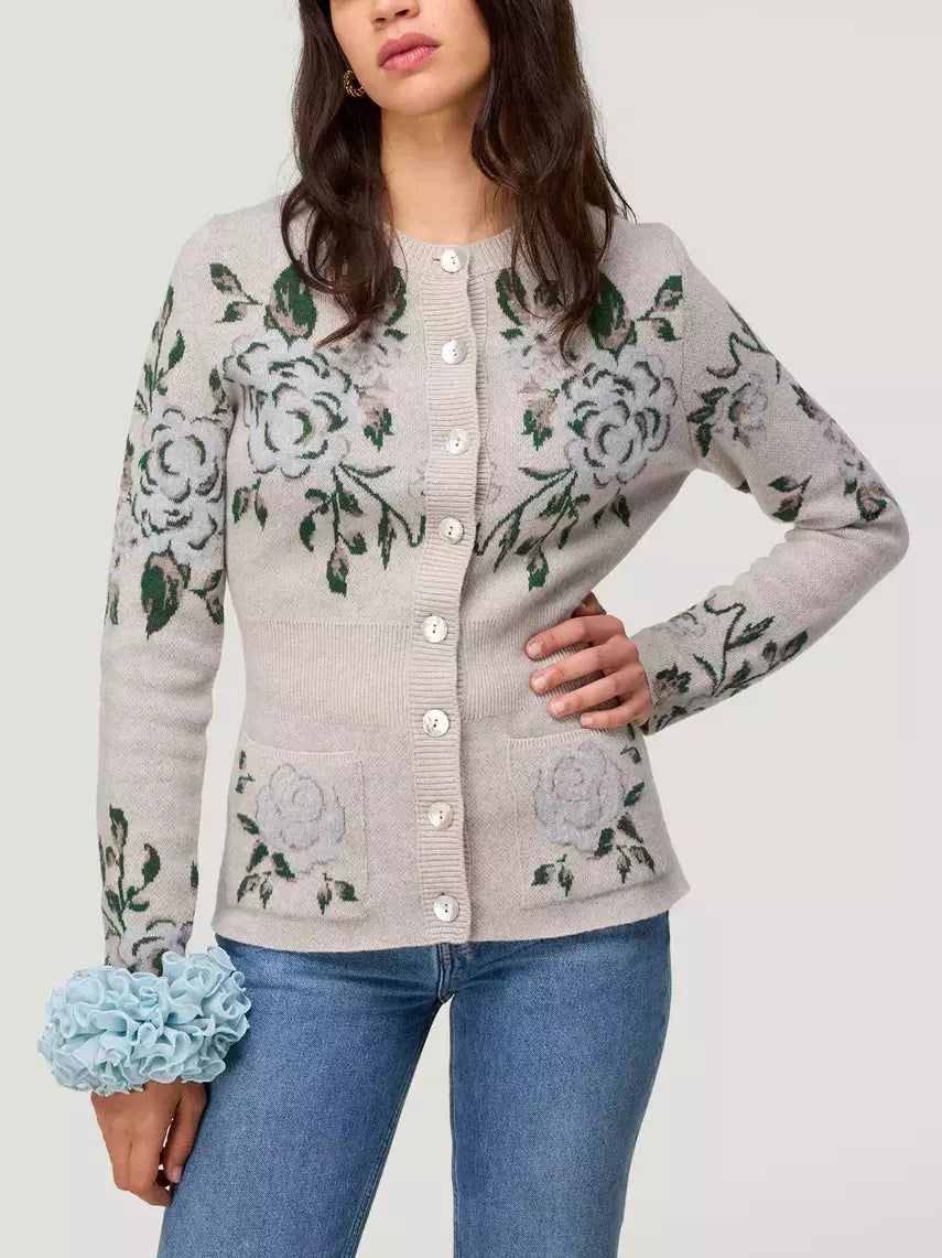 Fitted Floral Printed Cardigan Sweater - Sweaters & Knitwear