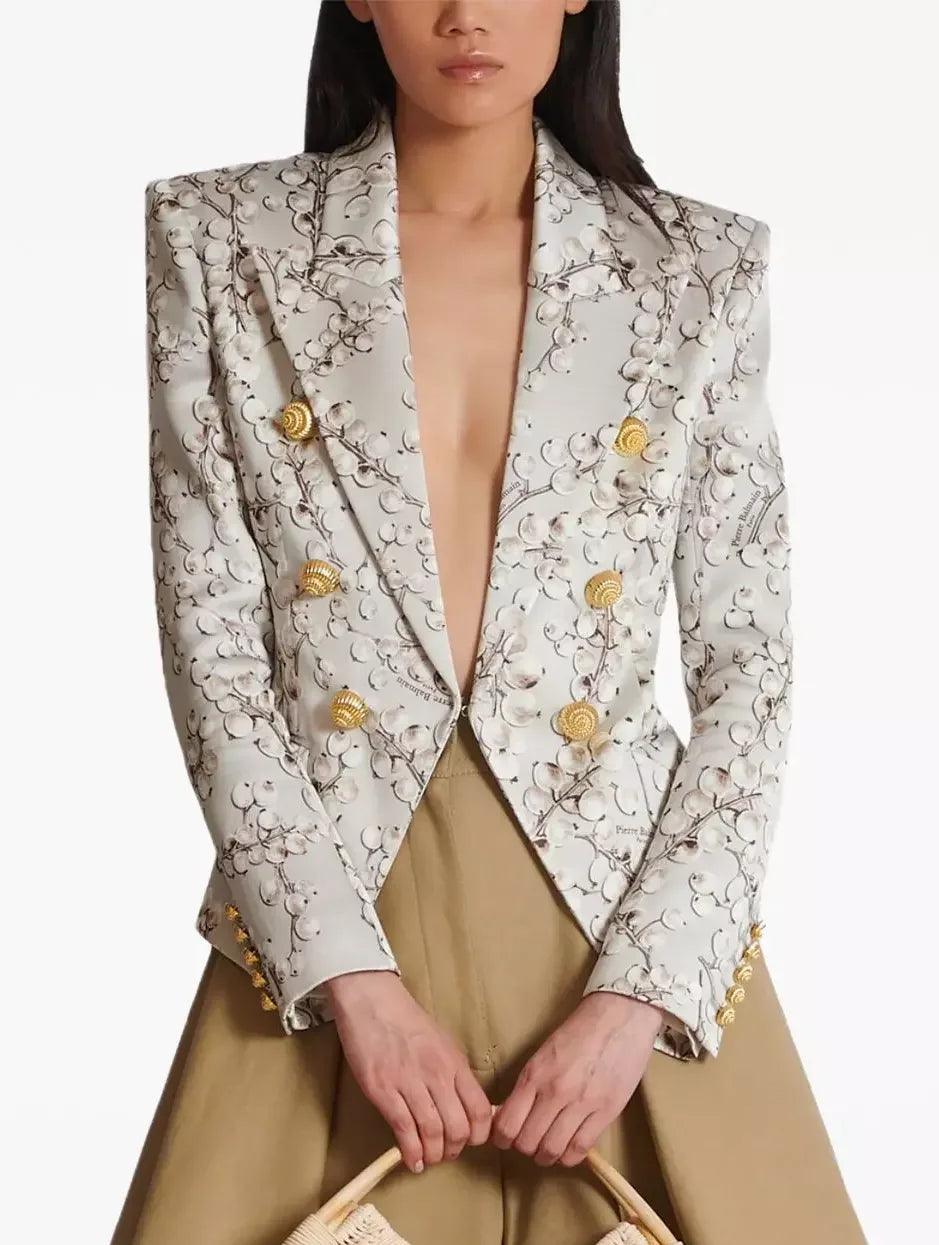 Fitted Printed Satin Blazer with Gold Spiral Buttons - Jackets