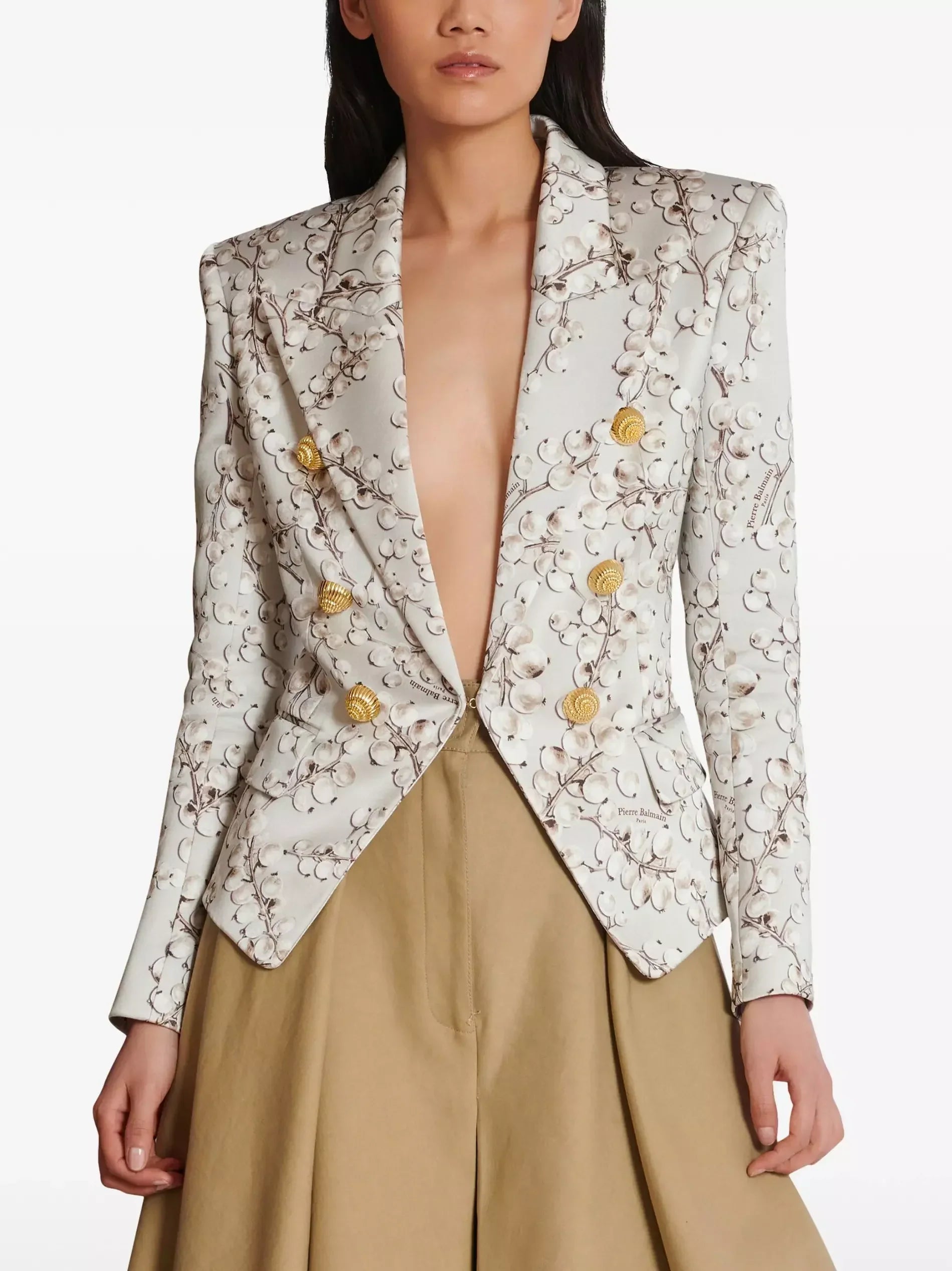 Fitted Printed Satin Blazer with Gold Spiral Buttons - Jackets
