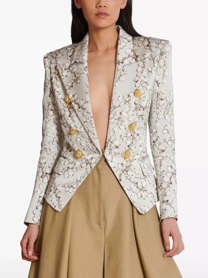 Fitted Printed Satin Blazer with Gold Spiral Buttons - Jackets